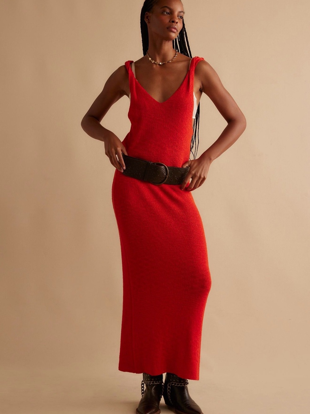 Free People V-Neck Sleeveless Maxi Dress in Bright Red